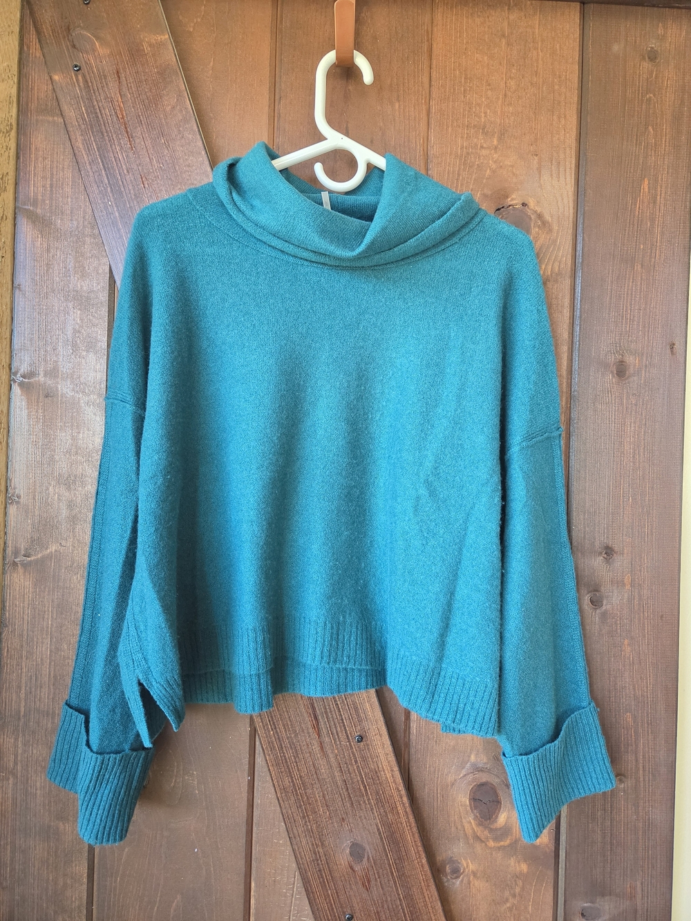 Free People Teal Cropped Funnel Neck Cashmere Sweater